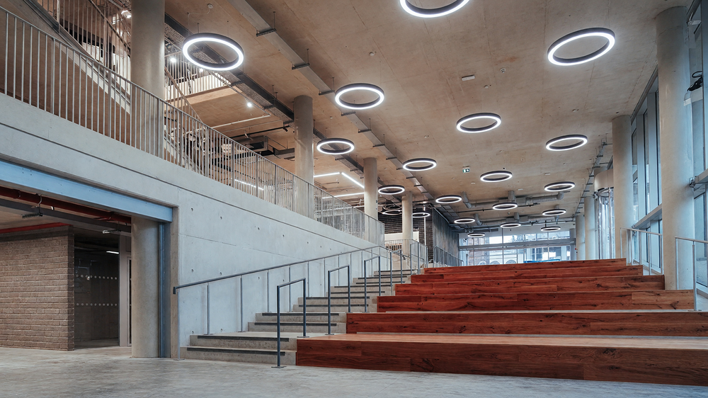 Atrium and event steps - ring pendants over tiered timber seating and exposed concrete soffit