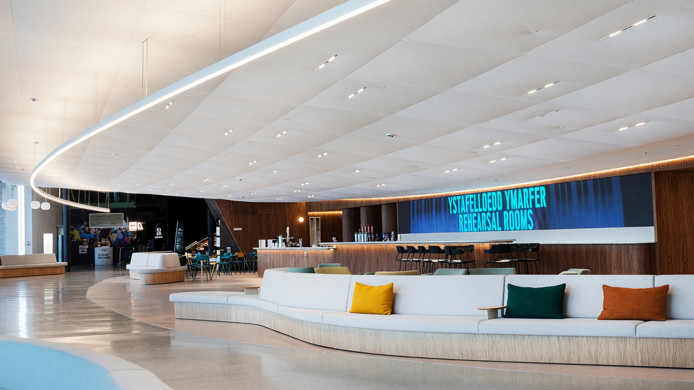 Foyer and bar - curved suspended linear loop, raft ceiling and timber bar