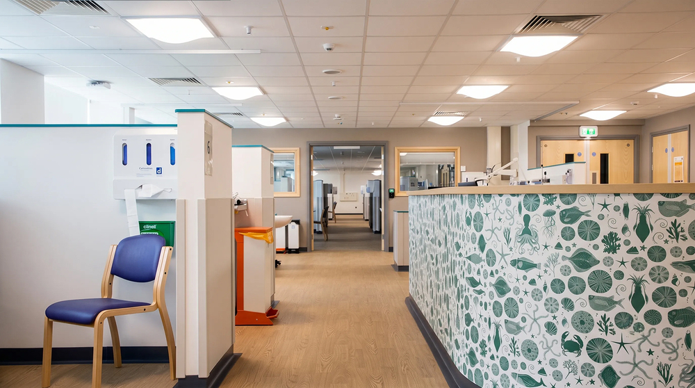 Ward and nurse station - bed bays, nurse station counter and corridor