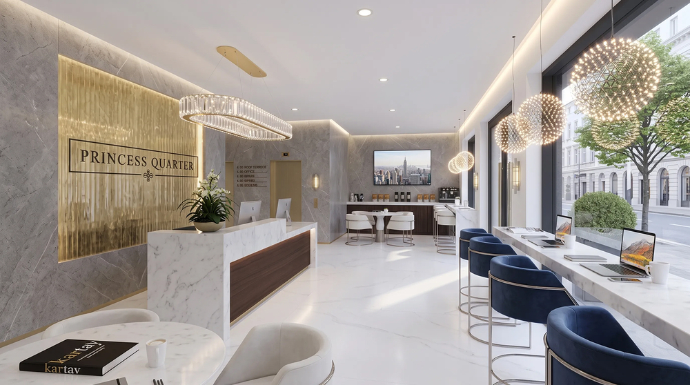 Reception and resident lounge - marble desk, backlit signage panel and window bar seating