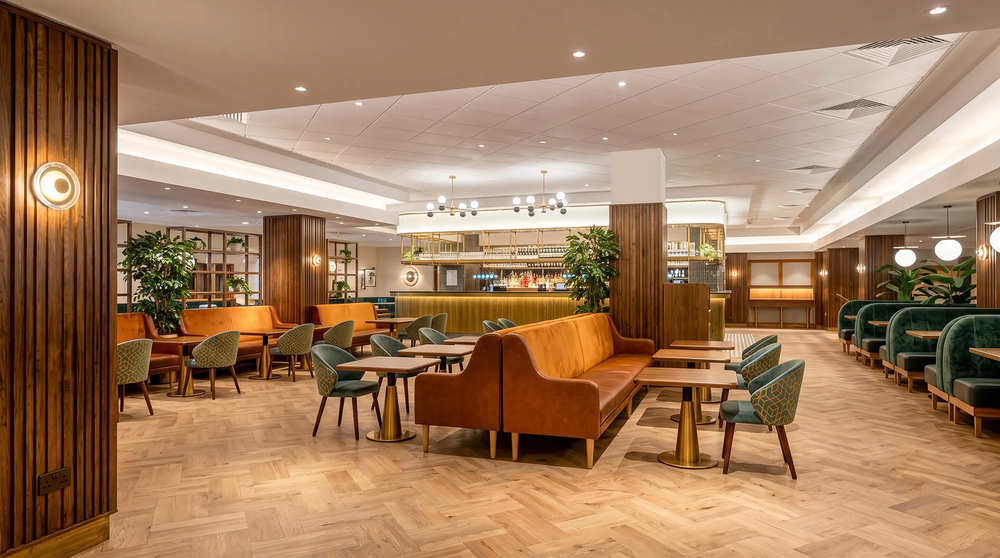 Restaurant and lounge - banquette seating, timber fin columns and bar beyond