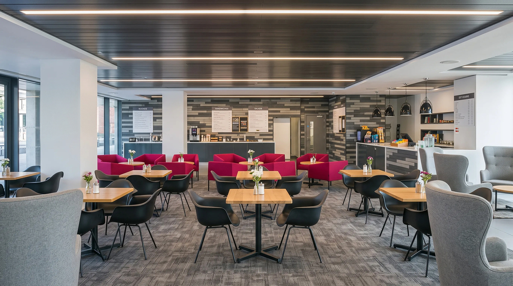 Cafe - dark slatted ceiling raft, servery counter and seating