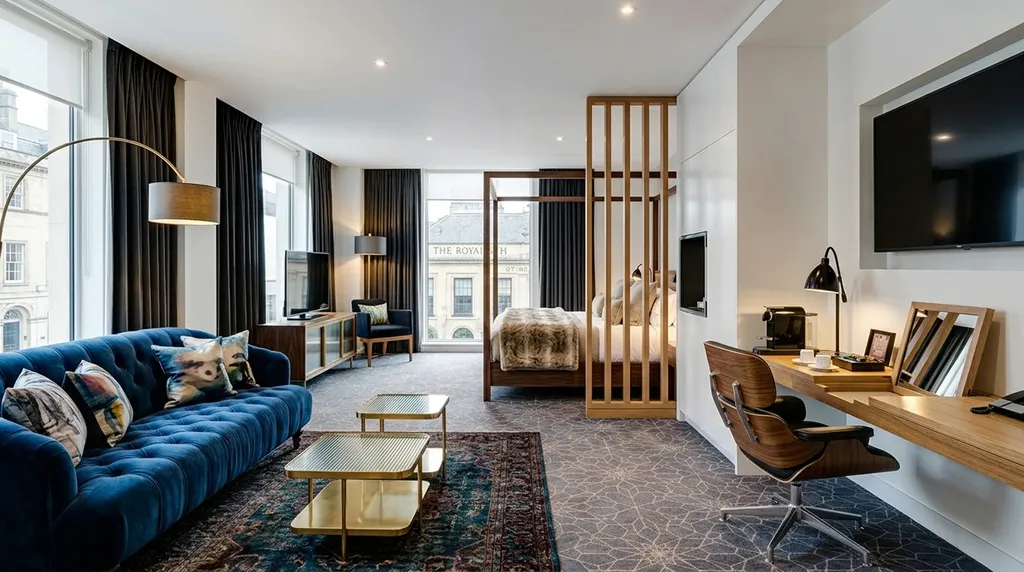 Guest suite - living area, four-poster bed behind a timber screen, desk and tall windows