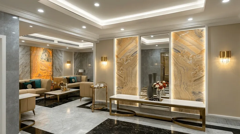 Al-Ahli Hospital reception lounge - backlit onyx panels, perimeter cove and marble floor