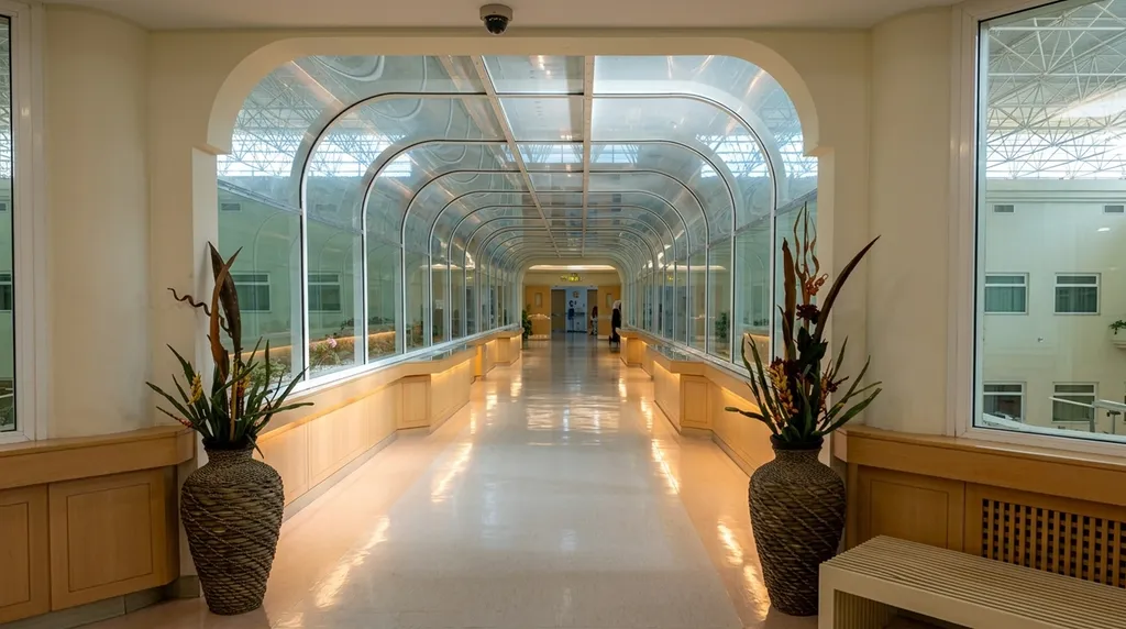 Al-Ahli Hospital glazed link corridor - concealed light under the timber capping washing the floor
