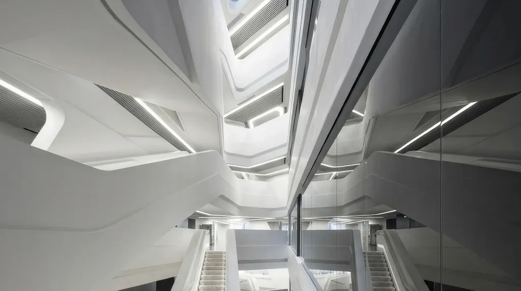 Atrium and stair void - faceted white soffits with recessed linear slots