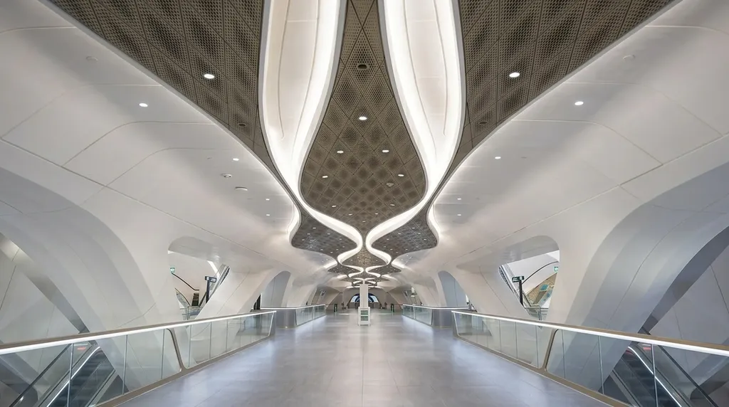 Riyadh Metro concourse - luminous petal forms beneath a bronze perforated ceiling