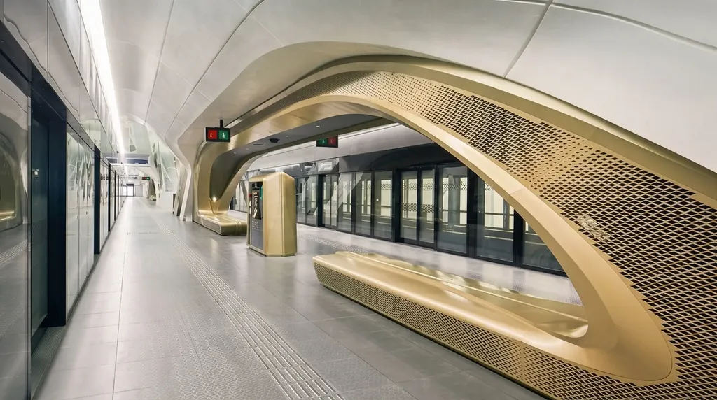 Riyadh Metro platform - continuous recessed line at the ceiling junction beneath a bronze perforated arch