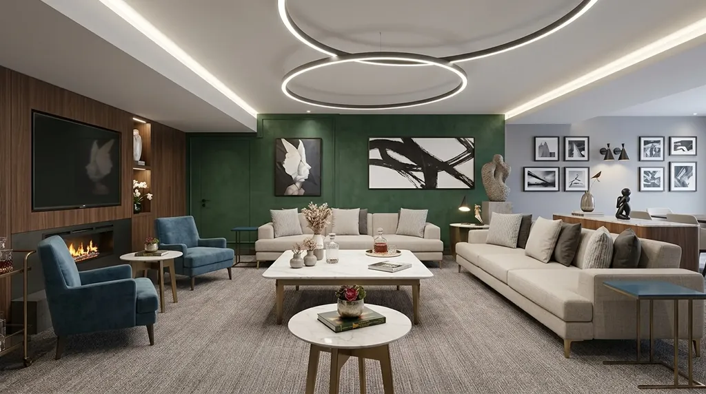 TZL Suites lounge - twin ring pendants, perimeter cove and a green feature wall
