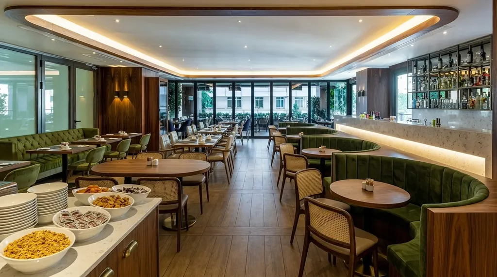 TZL Suites restaurant and bar - curved cove ceiling, walnut panelling and a backlit marble bar front