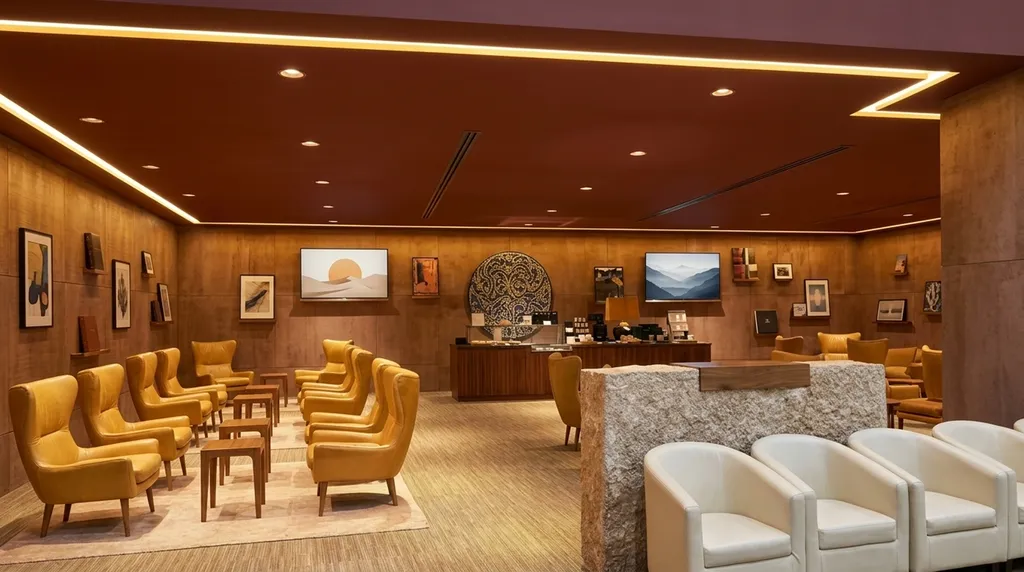 AlUla Airport first class lounge - angular recessed light line in an oxblood ceiling