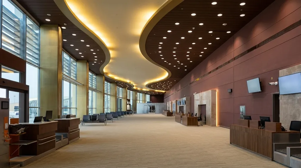 AlUla Airport departures hall - serpentine cove ceiling and scattered downlight field
