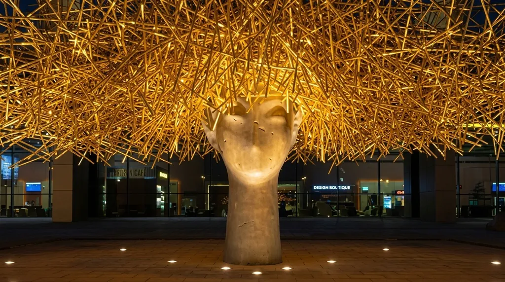 AlUla Airport entrance plaza at night - forecourt sculpture uplit by a ring of inground fittings