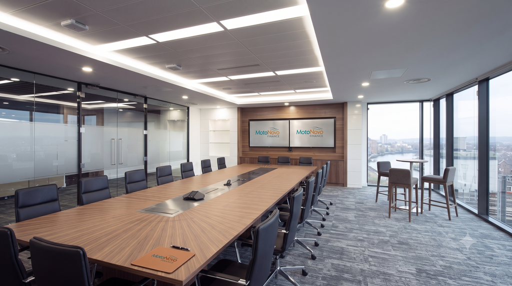 Boardroom - lit ceiling frame, long veneer table and river view